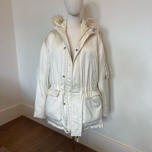 Ralph Lauren Sport Vintage Ivory Satin Puffer Parka Coat w Detachable Fur Hood